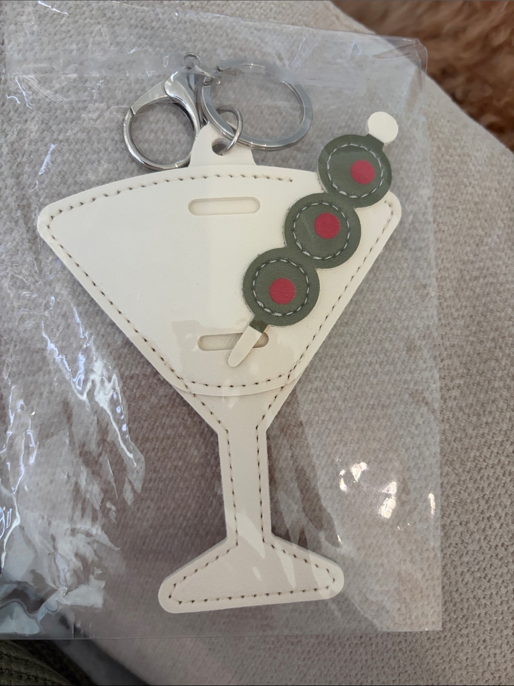 White Martini Glass Keychain with Olive Charm
